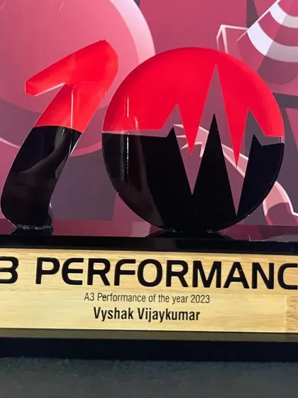 The "A3 Performer of the Year 2023" award, our highest honor, given to cricketer and A3 member Vyshak Vijaykumar.
