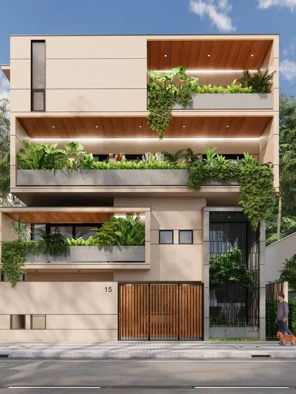 An alternative design concept for a 40x40 ft plot. This exploration focused on breaking the facade into dynamic geometric planes and integrating lush landscape elements to soften the structure.