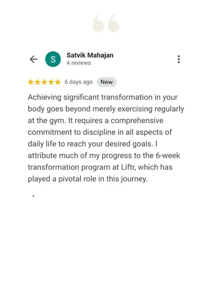 Satvik's 6-week transformation resulted in a 7.5 kg weight loss and a 9-inch reduction. He attributes his progress to the comprehensive commitment to discipline that our program instills.