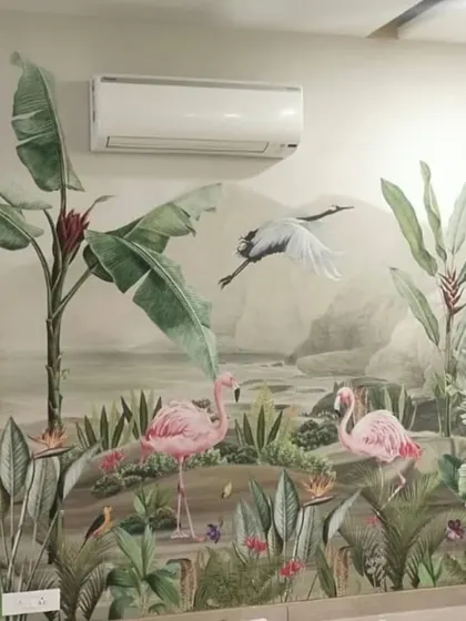 A serene jungle scene with flamingos and cranes by a river, creating a peaceful and naturalistic feature wall.