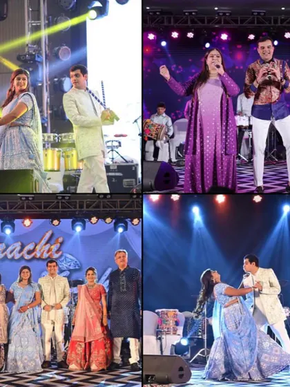 This collage captures the energy of a Sangeet and Dandiya night, from the couple's dance performances to the live band and family portraits on stage.