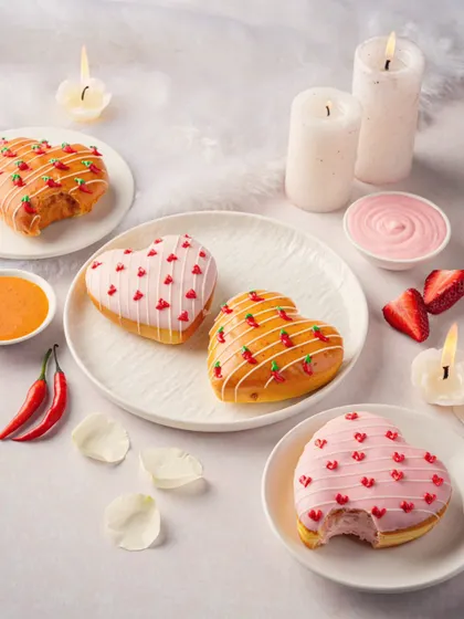 A styled shot of Mad Over Donuts' special spicy and sweet heart-shaped donuts, set in a romantic scene with candles and rose petals.