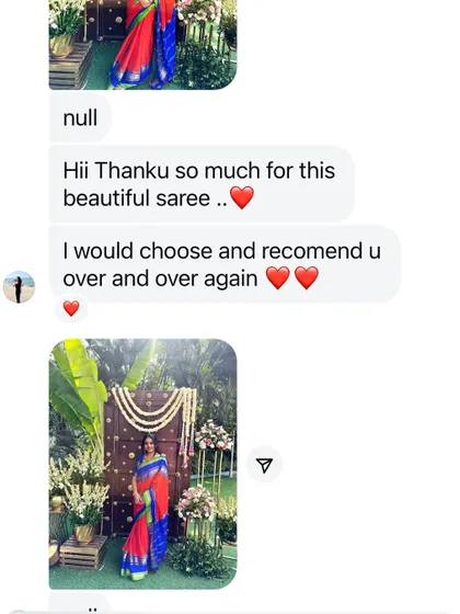 "Hii Thanku so much for this beautiful saree... I would choose and recomend u over and over again." This look blew up my DMs, and I'm so happy she loved it.
