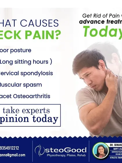 This infographic explains common causes of neck pain, including poor posture, cervical spondylosis, and muscle spasms. Understanding the cause is the first step toward getting the right advanced treatment.