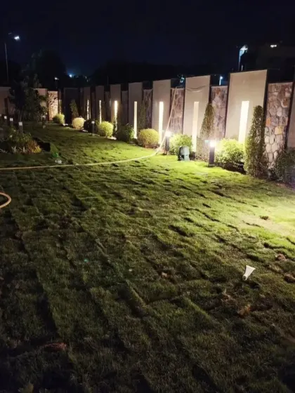 Another perspective of the newly installed lawn, showing its expansive and lush appearance. We ensure the ground is perfectly leveled before installation to achieve this smooth, carpet-like effect.