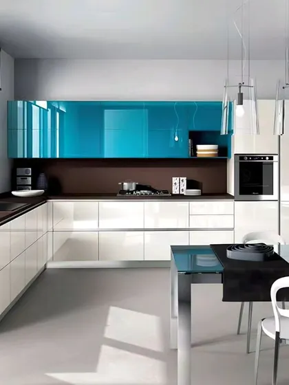 A duplicate of image 147, this sleek kitchen combines high-gloss white and blue cabinets in an open-plan layout.