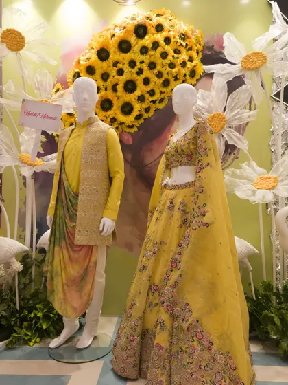 Another view of the cheerful, yellow-themed Haldi setup, perfect for Mehendi or Haldi outfit inspiration.