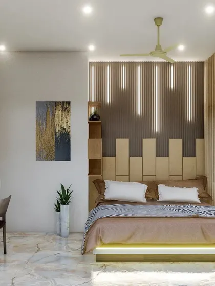 A modern bedroom design with a unique headboard that extends up the wall with vertical slats and integrated lighting. The room also includes a sleek, wall-mounted study desk and shelving unit.