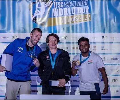On the podium with a bronze medal at the IFSC Paraclimbing World Cup in Villars, Switzerland. Every competition is a learning experience, and I'm always happy to represent India.
