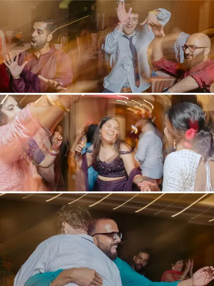 A collage of high-energy, candid moments from the reception party. These motion-blurred shots are full of laughter, dancing, and celebration.