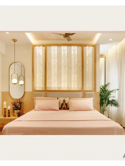 A complete view of the bedroom, showing the custom bed, bedside pendant lighting, and full-length mirror. The layout is designed to be both functional and aesthetically pleasing.