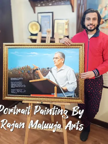 This portrait of Shri Ajay Kumar Bhagi, President of the NDTF, was commissioned to capture his presence as a public speaker. The painting includes details of the podium and the audience, creating a complete scene.