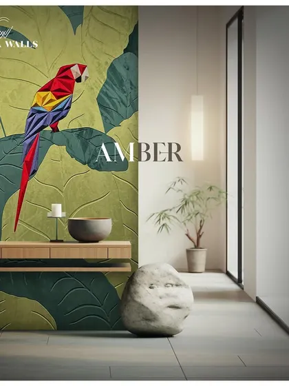 Here, a geometric version of our 'Amber' panel is used in a minimalist space. The contrast between the colorful, nature-inspired art and the subtle interior doubles the positivity of the home.