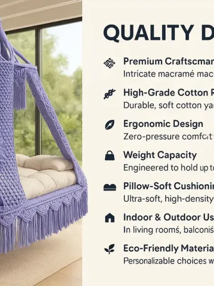 We believe in quality you can trust. This chart shows the details we focus on, from using high-grade cotton rope to ensuring a weight capacity of up to 200 kg. Every swing is built to be safe, comfortable, and long lasting.