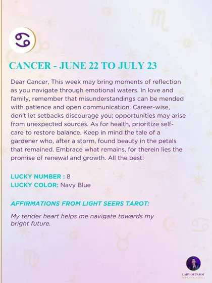 This week's tarot guidance for Cancer. This week may bring moments of reflection as you navigate through emotional waters. Misunderstandings can be mended with patience.