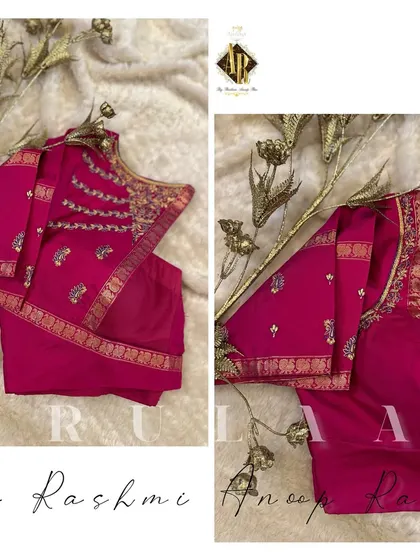 A pink blouse with delicate embroidery on the sleeves. The design incorporates the saree's original zari border for a perfectly matched look.