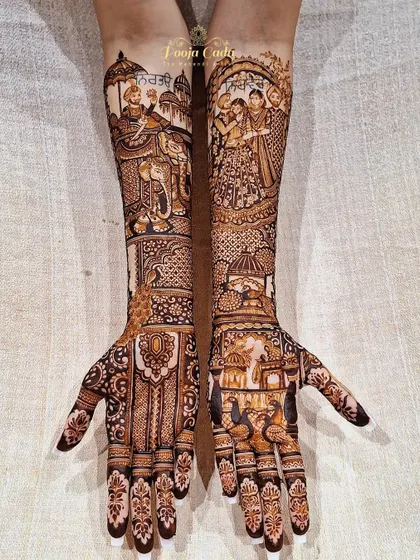 A heavy Punjabi bridal design featuring a groom's procession, family portraits, and beautiful peacock motifs.