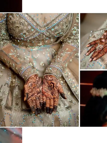 A beautiful collage showing the bride's portrait, intricate henna, and quiet moments before the ceremony.