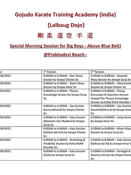 This is an example of the detailed training schedule from a special morning session in April 2022. We structure our training to cover a wide range of skills, including Geri Waza (kicking), Dachi Waza (stances), and Kumite.