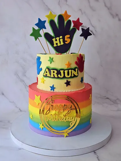 Say Hi 5 to Arjun! A colorful rainbow cake for his 5th birthday, celebrating a fun milestone.