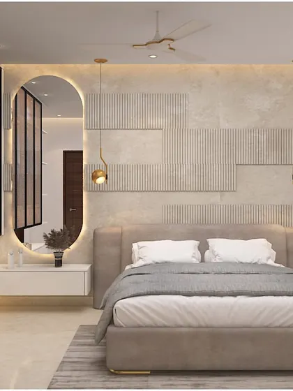 A bedroom concept that plays with textures and light, featuring a stone-patterned accent wall and a walk-in closet section with glass doors.