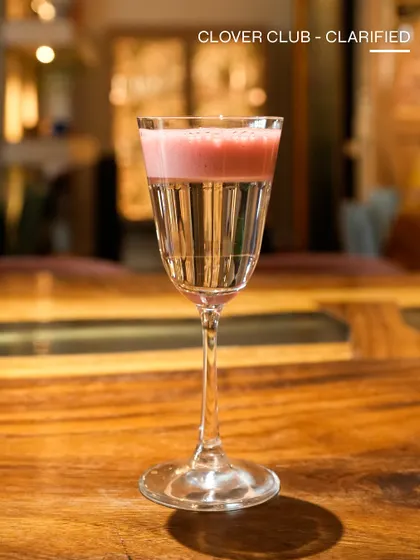 Another view of the beautiful, bi-layered Clarified Clover Club.