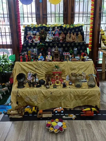 Our beautiful 'Gombe Habba' or 'Dasara Golu' display, featuring a collection of dolls and figurines arranged to tell stories. The children learn about this wonderful South Indian tradition.