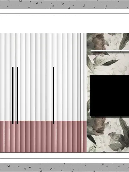 A design elevation for a TV unit, combining white and pink fluted panels with a floral wallpaper accent. This showcases our creative approach to designing feature walls.