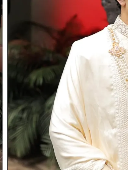 Another perspective of the complete groom's look, showcasing the perfect fit and the way the accessories complement the sherwani.