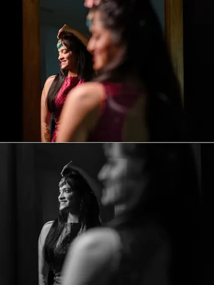 A collage showing the bride's reflection in the mirror as she gets ready for her Mehendi night, capturing her anticipation and excitement.