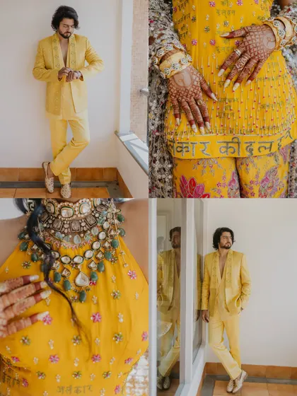 A collage from a celebrity Haldi ceremony, focusing on the vibrant yellow outfits and intricate details. The custom embroidery on the bride's pants adds a unique, personal touch.