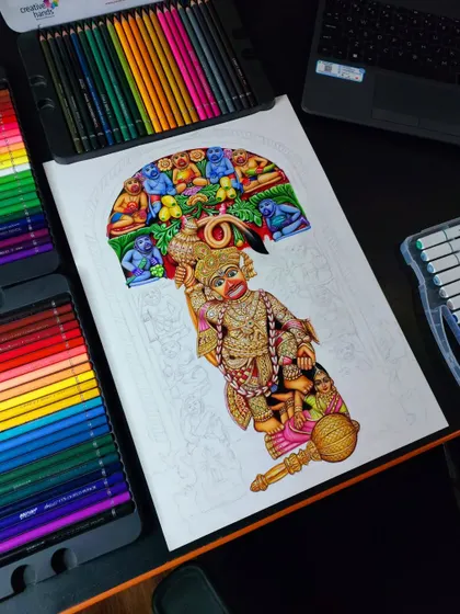 Another progress shot of the Shree Kashtbhanjan Dev Hanuman ji sketch, with about half of the drawing coloured in.