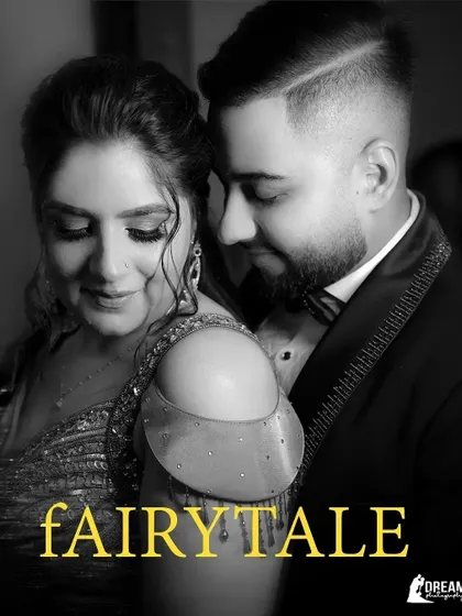 "Fairytale." A soft, romantic black and white close-up of Anushka and Abhinav.