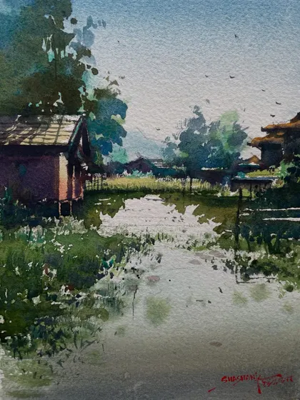 A serene watercolor landscape of a river scene, using a limited palette to create a harmonious and peaceful mood.