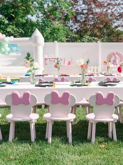 Another view of the adorable Minnie Mouse chairs, ready for the little party guests.