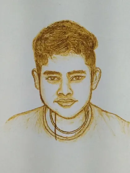 A standalone portrait sketch made with henna on paper. This shows the level of detail I can achieve in my portraiture, focusing on facial features and hair texture.