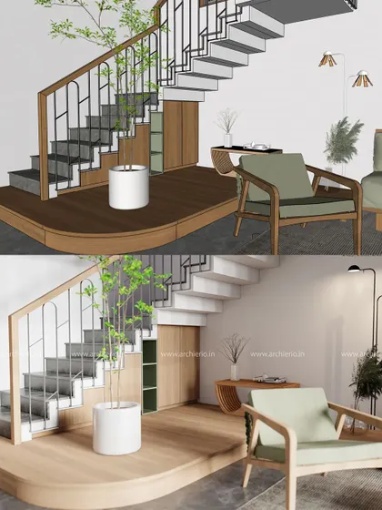 The design for this staircase nook, complete with an armchair and under-stair storage, is shown here from concept to completion. It's all about making every corner functional.