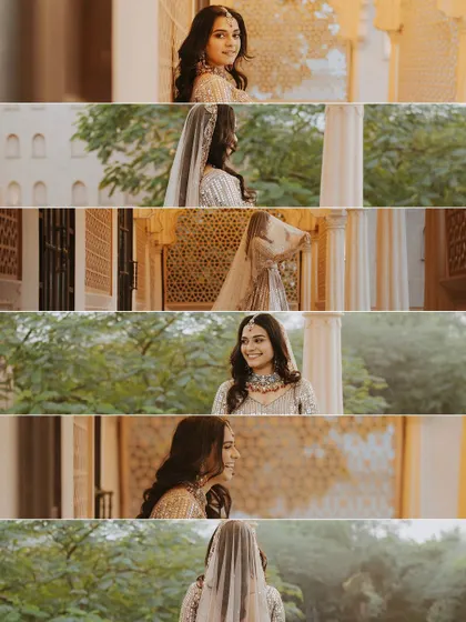 A series of cinematic stills capturing the bride's expressions. Each frame tells a story of her thoughts and emotions as she prepares for her wedding.
