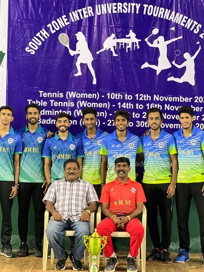 The winning team from the South Zone Inter University Tournament. Our player Arunesh stands proud with his teammates and the championship trophy.