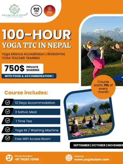 Our 100-hour YTTC in Nepal is an intensive 12-day program. This graphic details the all-inclusive package, featuring shared accommodation, sattvic meals, and a yoga kit, all set against the breathtaking mountain scenery.
