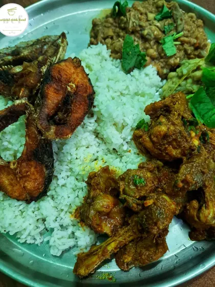 A perfect rainy day meal with chicken stir fry, eromba, fried fish, and warm steamed rice.