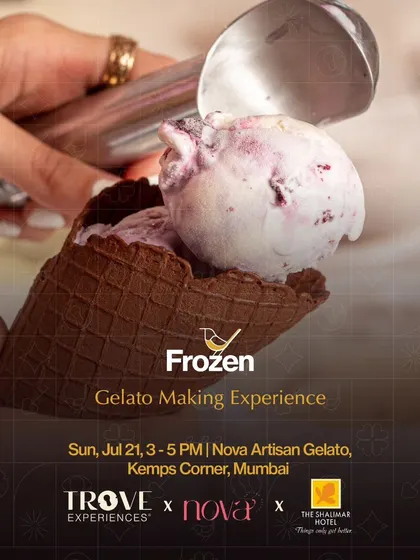 Join us for a frozen treat. This graphic announces our Gelato Making Experience in Mumbai, where you can learn to churn and scoop your own artisan gelato.