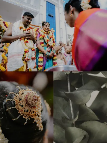 An artistic collage combining a shot of the couple during a ritual with a close-up of the bride's traditional hair ornament.