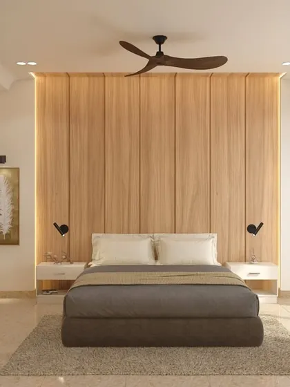 Symmetry and warmth define this hotel bedroom design. A floor-to-ceiling wooden headboard is flanked by minimalist pendant lights and artwork, creating a balanced and serene environment for relaxation.