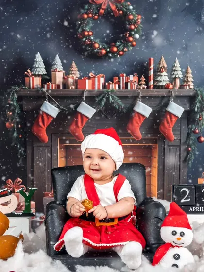 A cozy Christmas portrait by the fireplace, with a baby Santa sitting happily in his armchair.