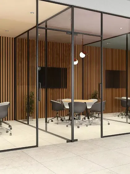 A 3D rendering of modern meeting rooms. I used glass partitions to maintain an open feel, with wooden slats on the walls to add warmth and improve acoustics. The colored ceilings are a playful touch.