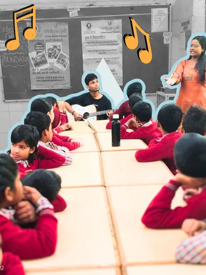 Our sessions are designed to engage every child. Here, two fellows lead a class, using guitar and vocal instruction to teach rhythm, melody, and the joy of singing together.