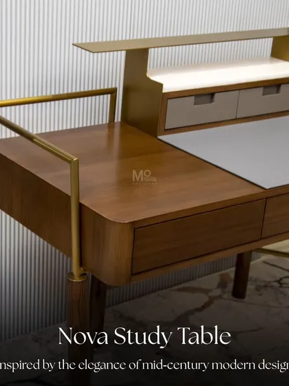 A detail of the Nova study table, showing the interplay of materials. The warm wood, cool leather inlay, and brushed brass accents come together to create a refined and highly functional piece for your home office.