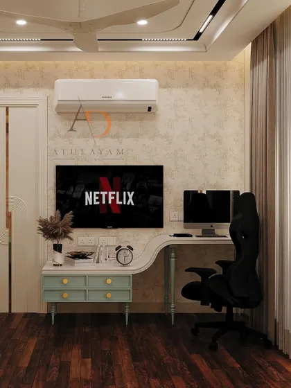 This bedroom includes a smart, ergonomic workstation with a chic curved desk, demonstrating how I integrate functional spaces without compromising on style.