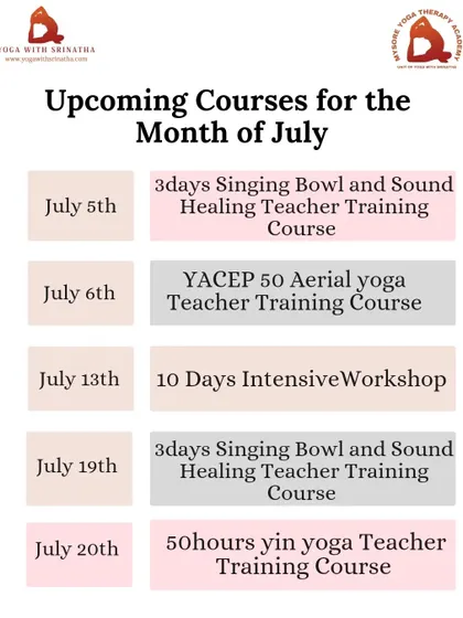 Check out our course schedule for July. We are offering trainings in Sound Healing, Aerial Yoga, Yin Yoga, and an intensive workshop.